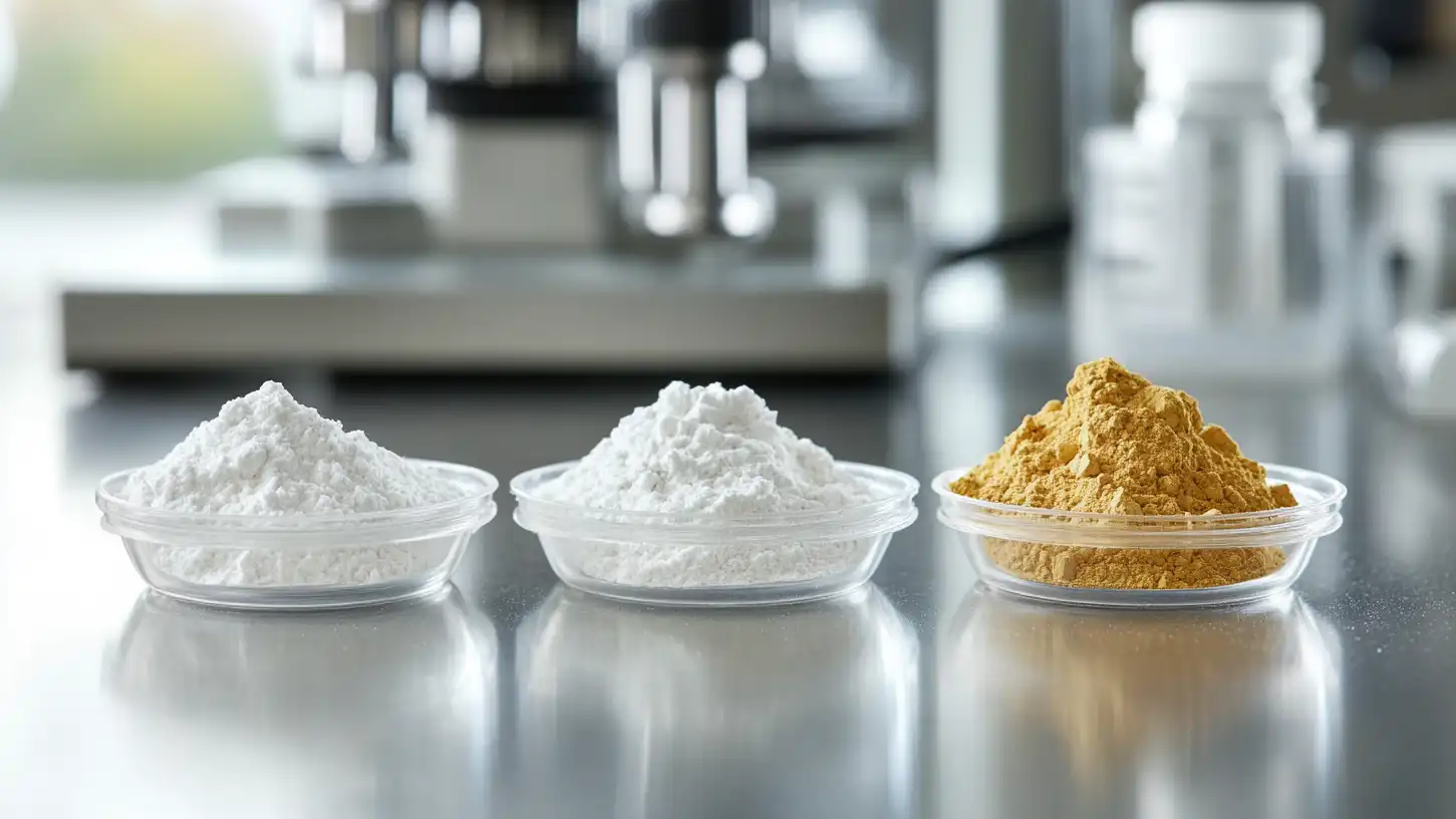 Macro photography of four distinct high-purity botanical and synthetic API powders
