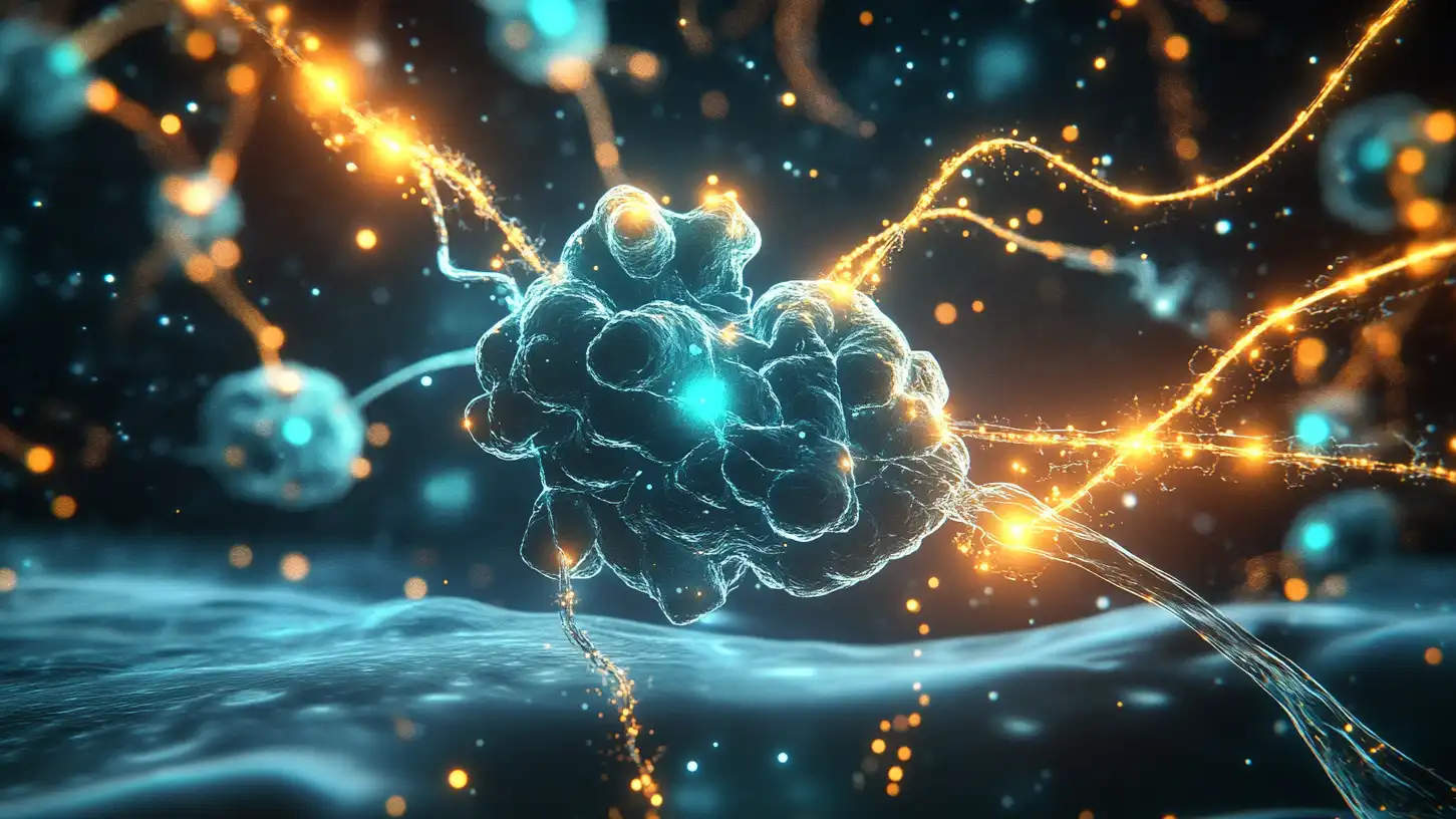 A sophisticated 3D scientific rendering of a neurotransmitter synapse